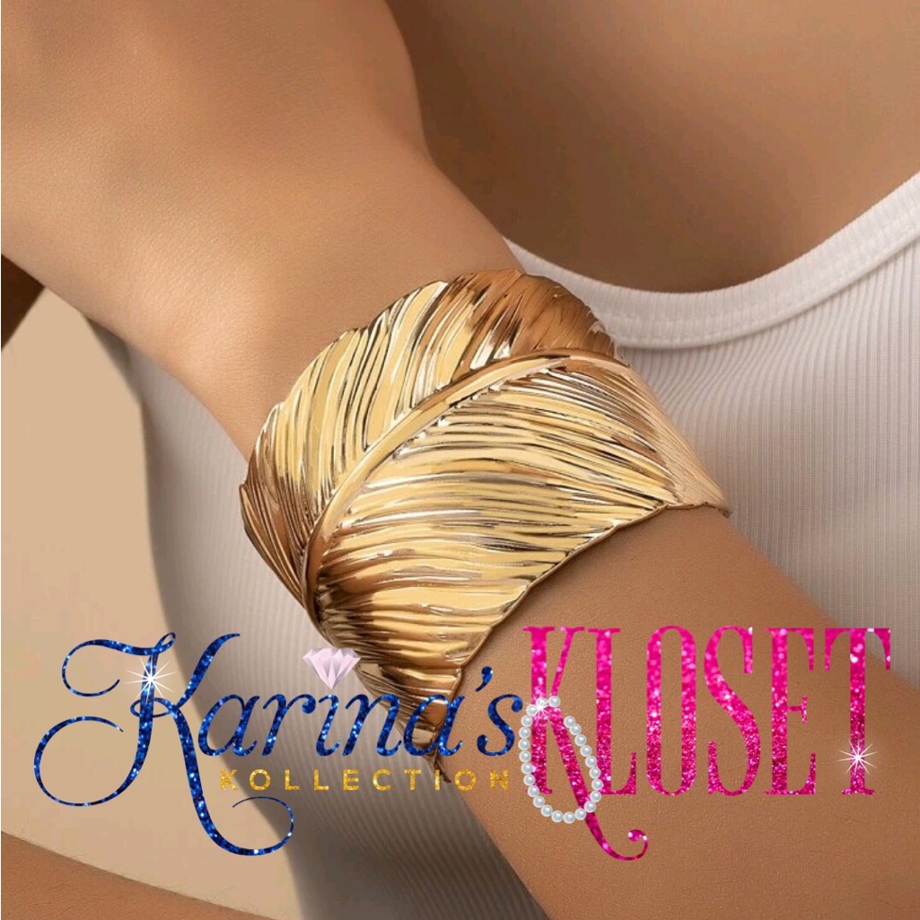 Vintage Venetian Wide Gold Plated Metal Leaf Bangle Cuff, Gifts For Her, Classy